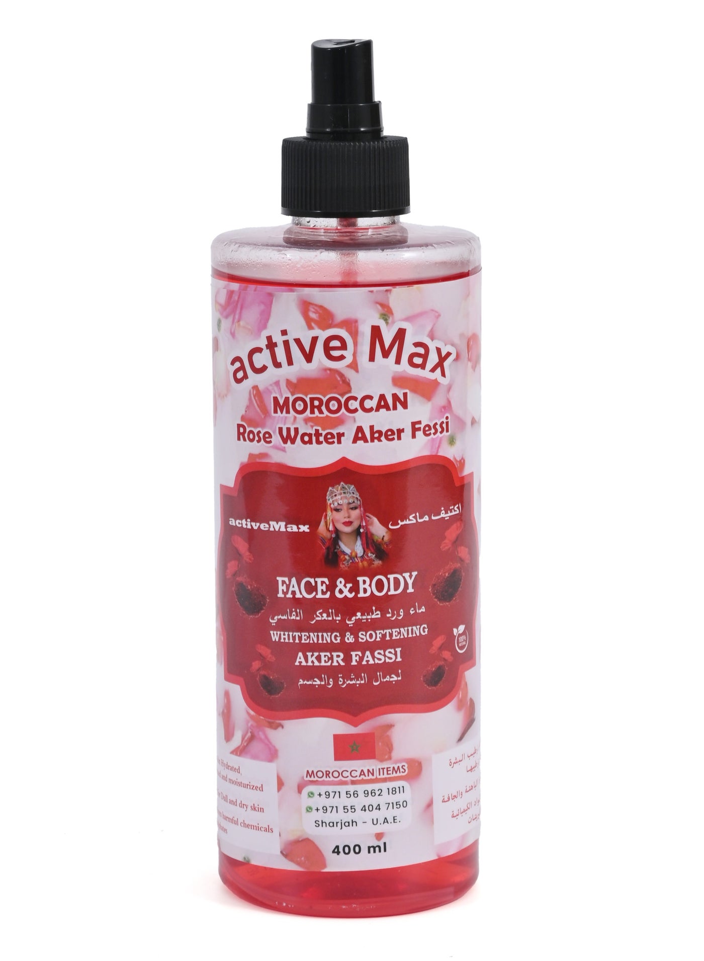Moroccan Natural Rose Water with Pure Akar El Fassi for Face & Body 400 ML