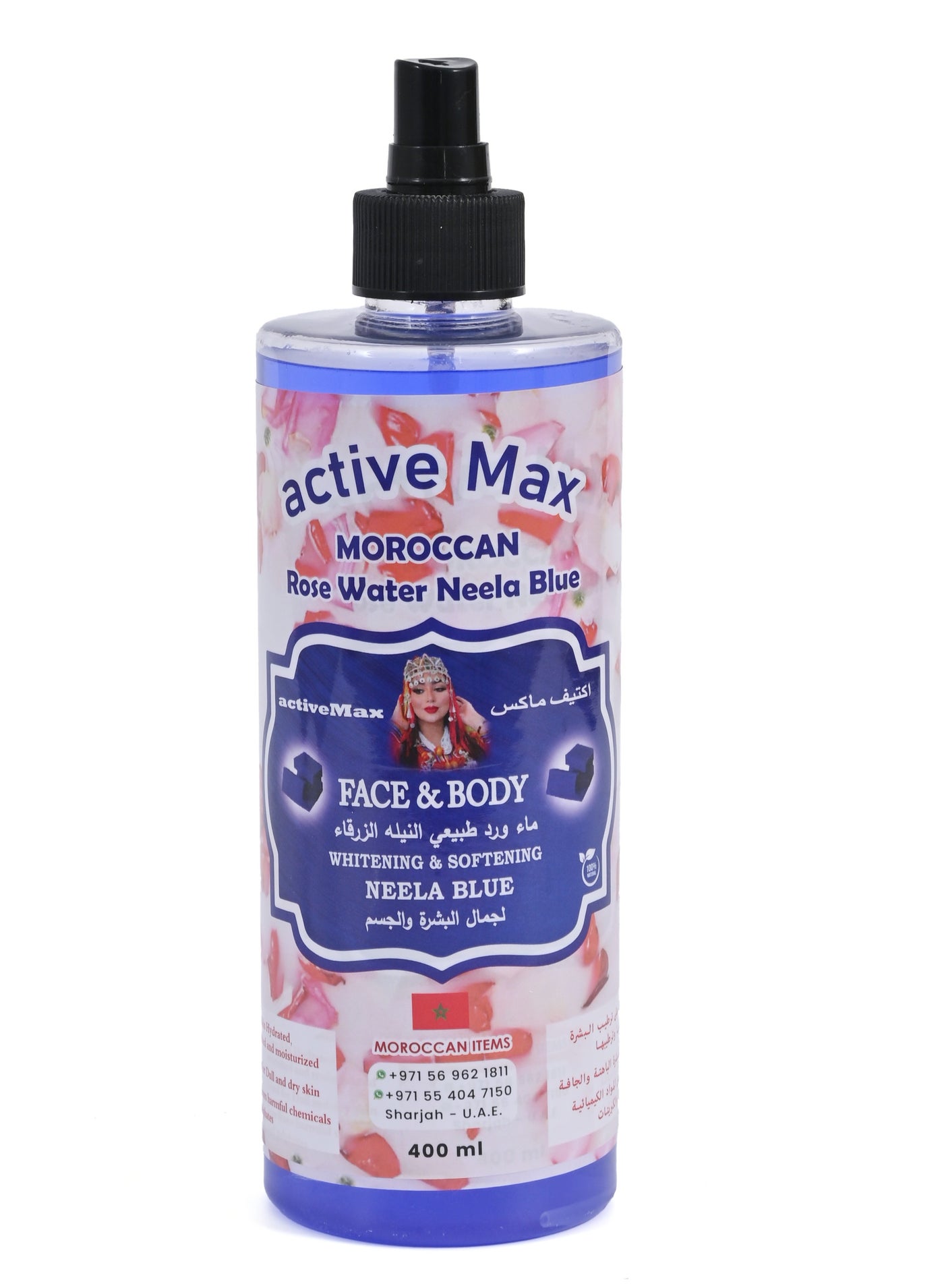 Moroccan Natural Rose Water with Pure Neela Blue for Face & Body 400 ML