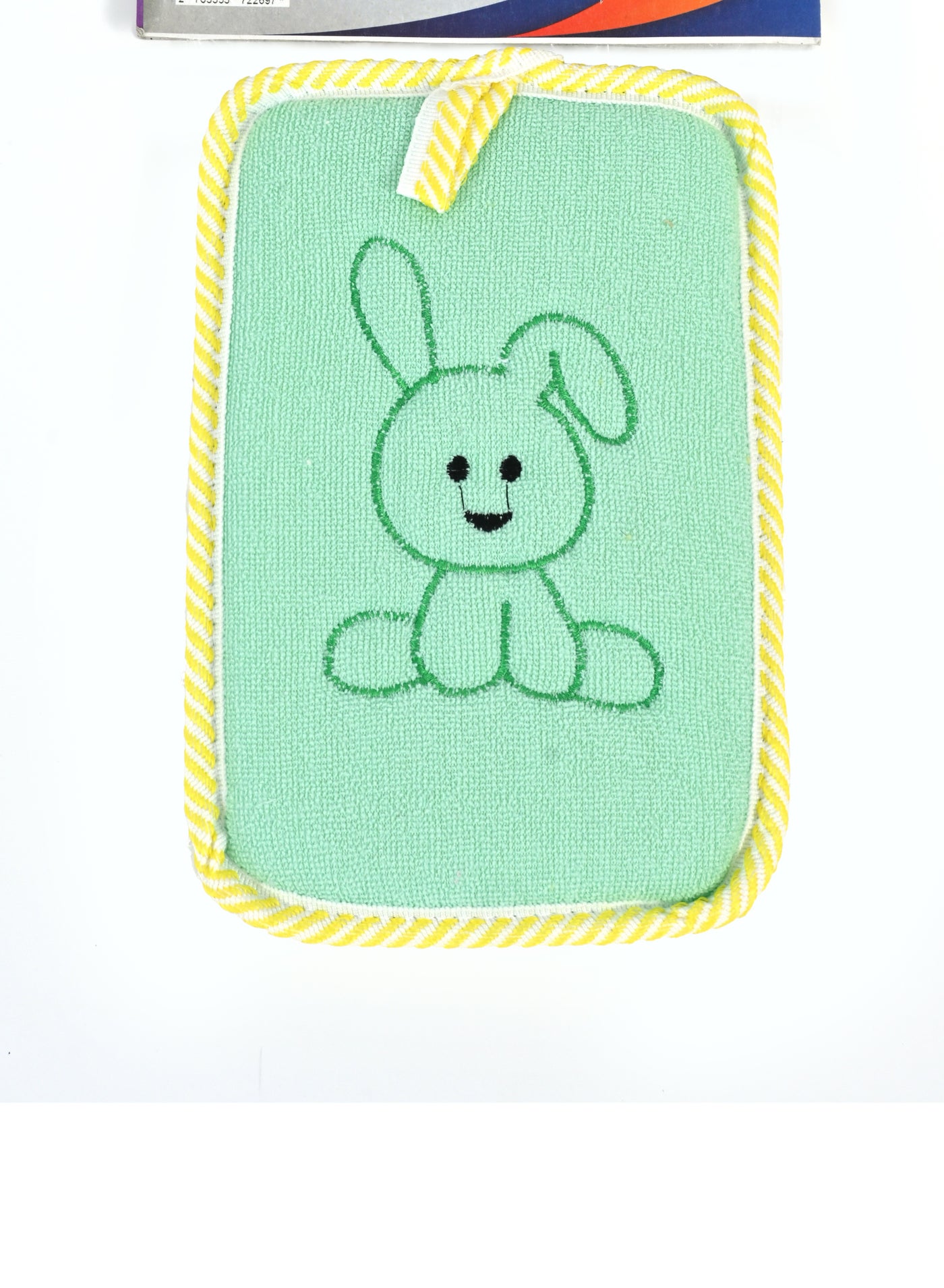 Exfoliating Green and White Baby Glove 2 sides soft Organic Egyptian Shower Loofah, glove with a decorative bunny design