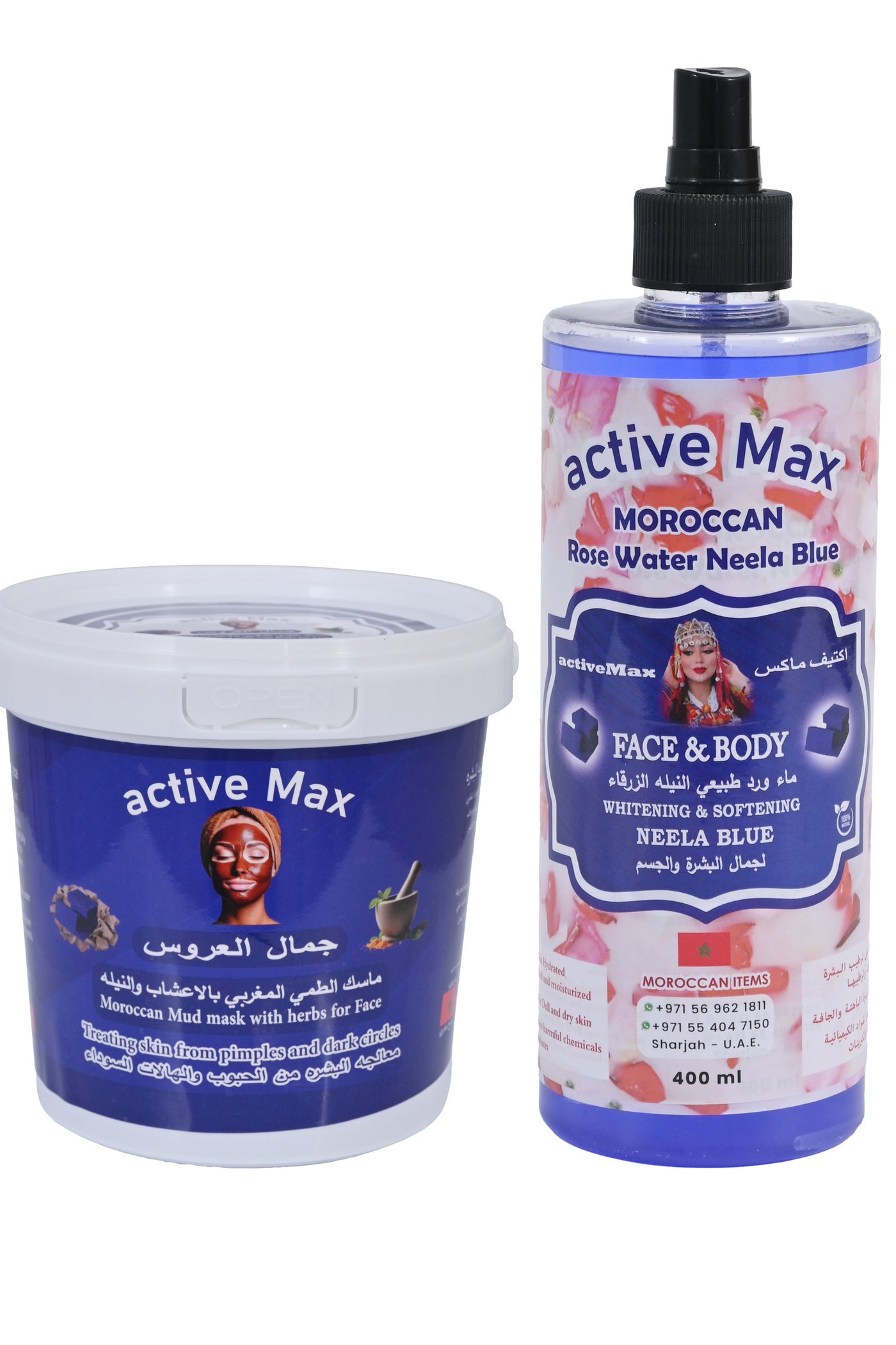 Moroccan Mud Mask With Herb & Pure Neela Blue For Face , Treating Skin From Pimples and Dark Circles 350 gr & Moroccan Natural Rose Water with Pure Neela Blue for Face & Body 400 ML ( set of 2 )