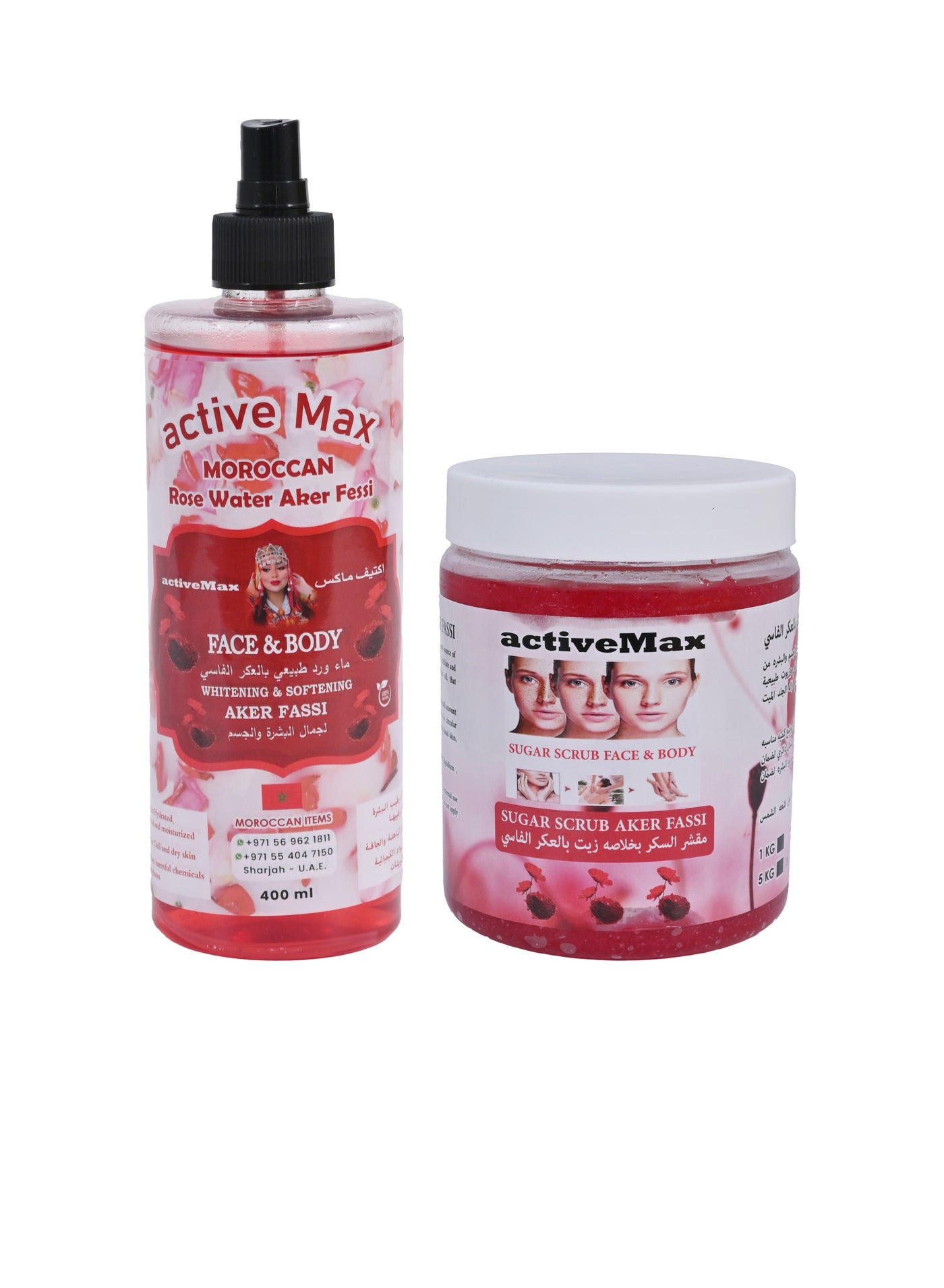 Sugar Scrub With Pure Moroccan Aker Fasi For Body Softening and Moisturizing 1 Kg & Moroccan Rose Water with Pure Akkar El Fassi 400 Ml ( Pack of 2 Pcs )